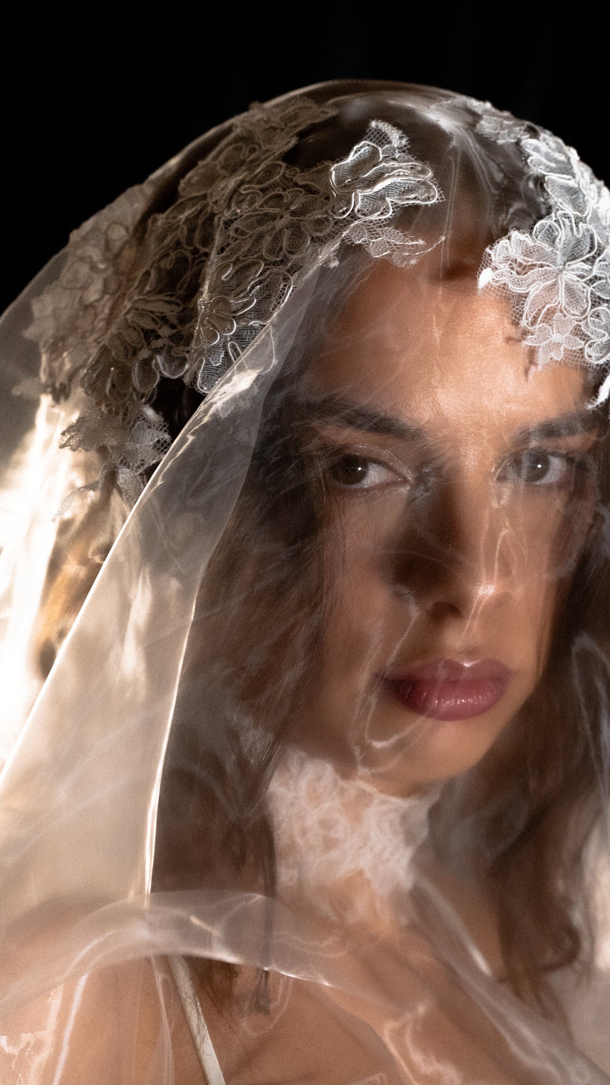 Close portrait through a sheer organza wedding veil, Chantilly lace flowers framing the crown and catching the light, Vespera