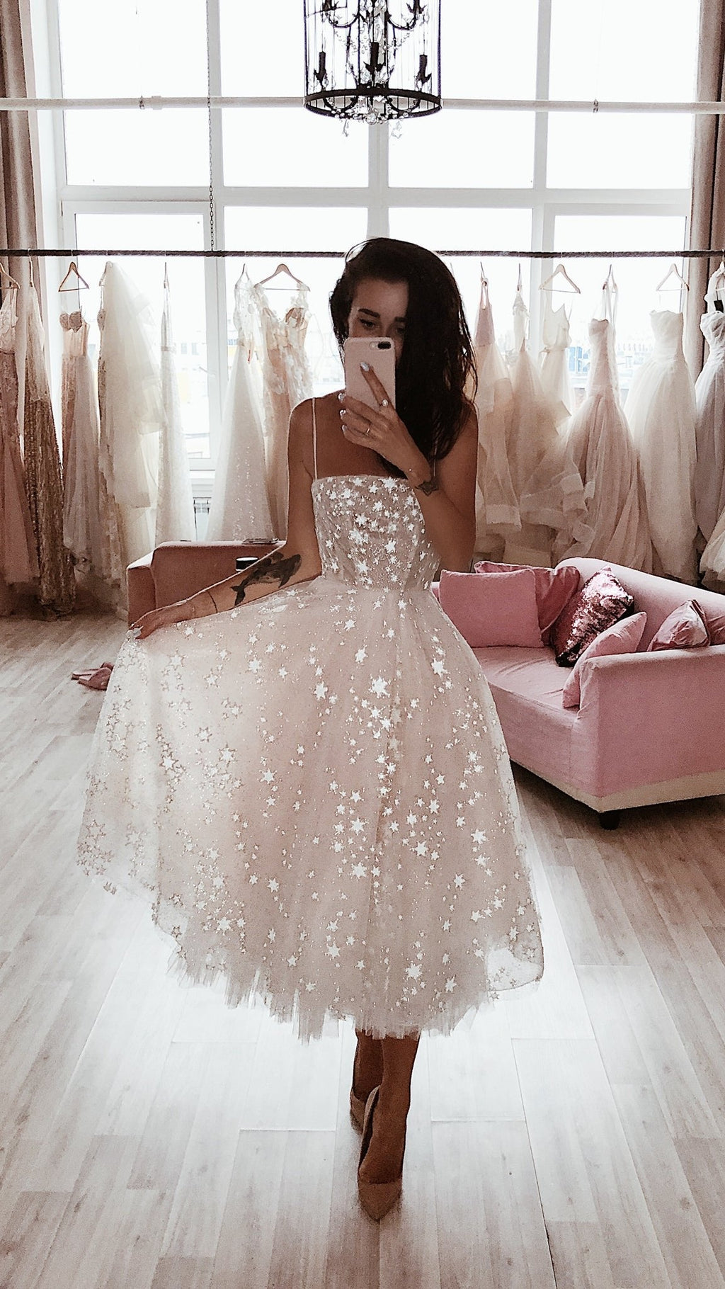 Midi star wedding dress with a boned corset bodice and thin straps, mirror selfie in a bridal salon, tulle skirt full of stars, Wild Stars by Ephemeris