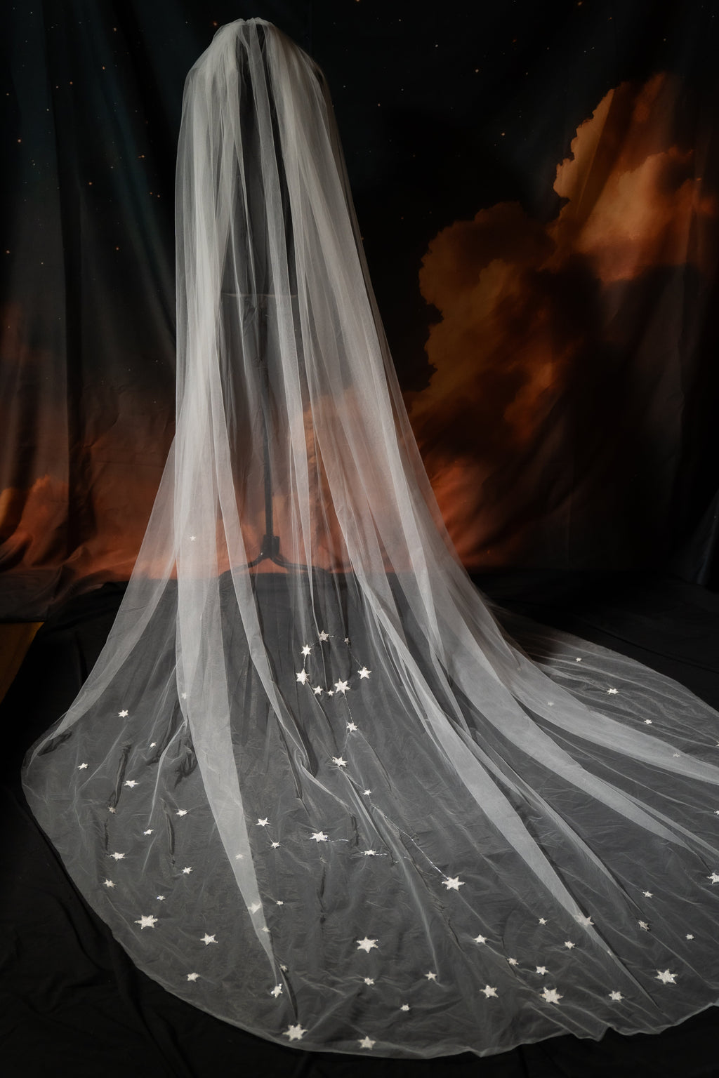 Full length of a single-layer tulle wedding veil with star constellations scattered over the train, cloud backdrop, celestial, Zodiac Veil