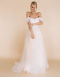 Front view of an off-shoulder tulle sample wedding dress with a sweetheart pleated bodice and soft A-line skirt, beige studio, Whisper Sample
