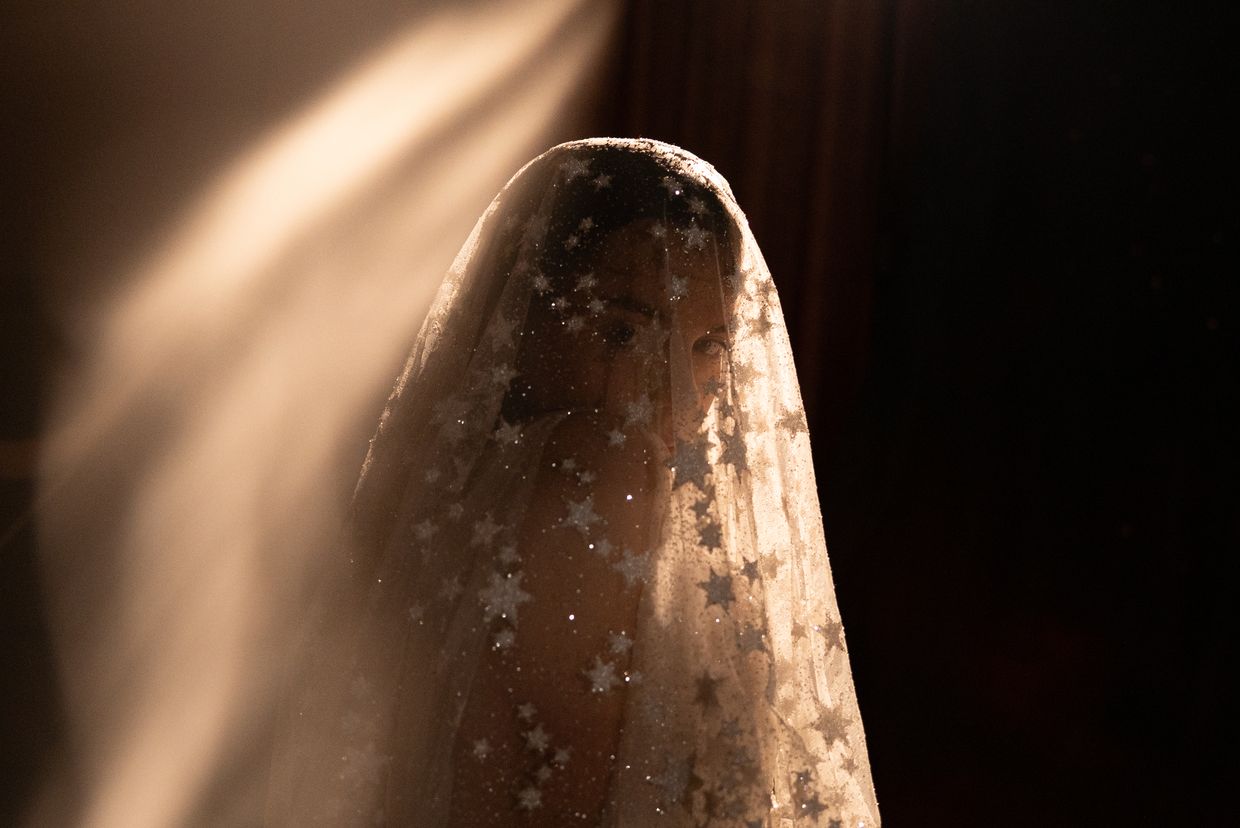Bride wearing a star-embroidered veil in a beam of light