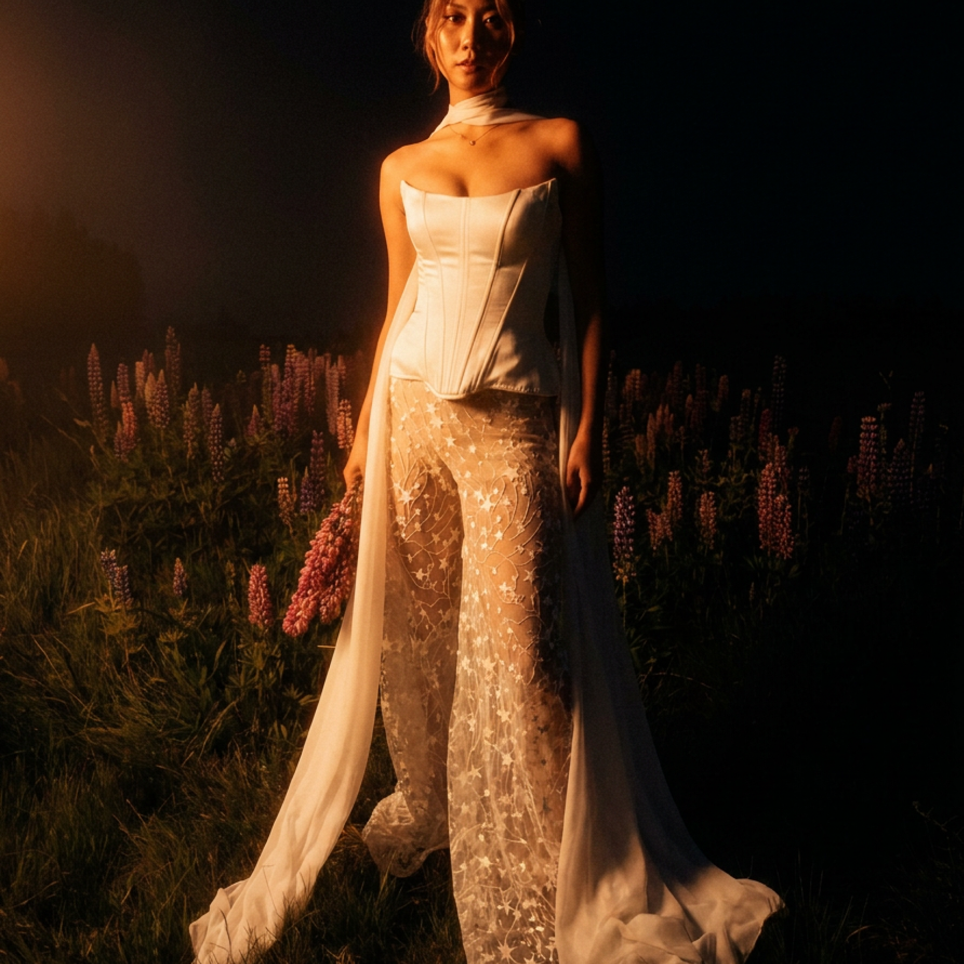 A bride stands in a field of lupines at dusk