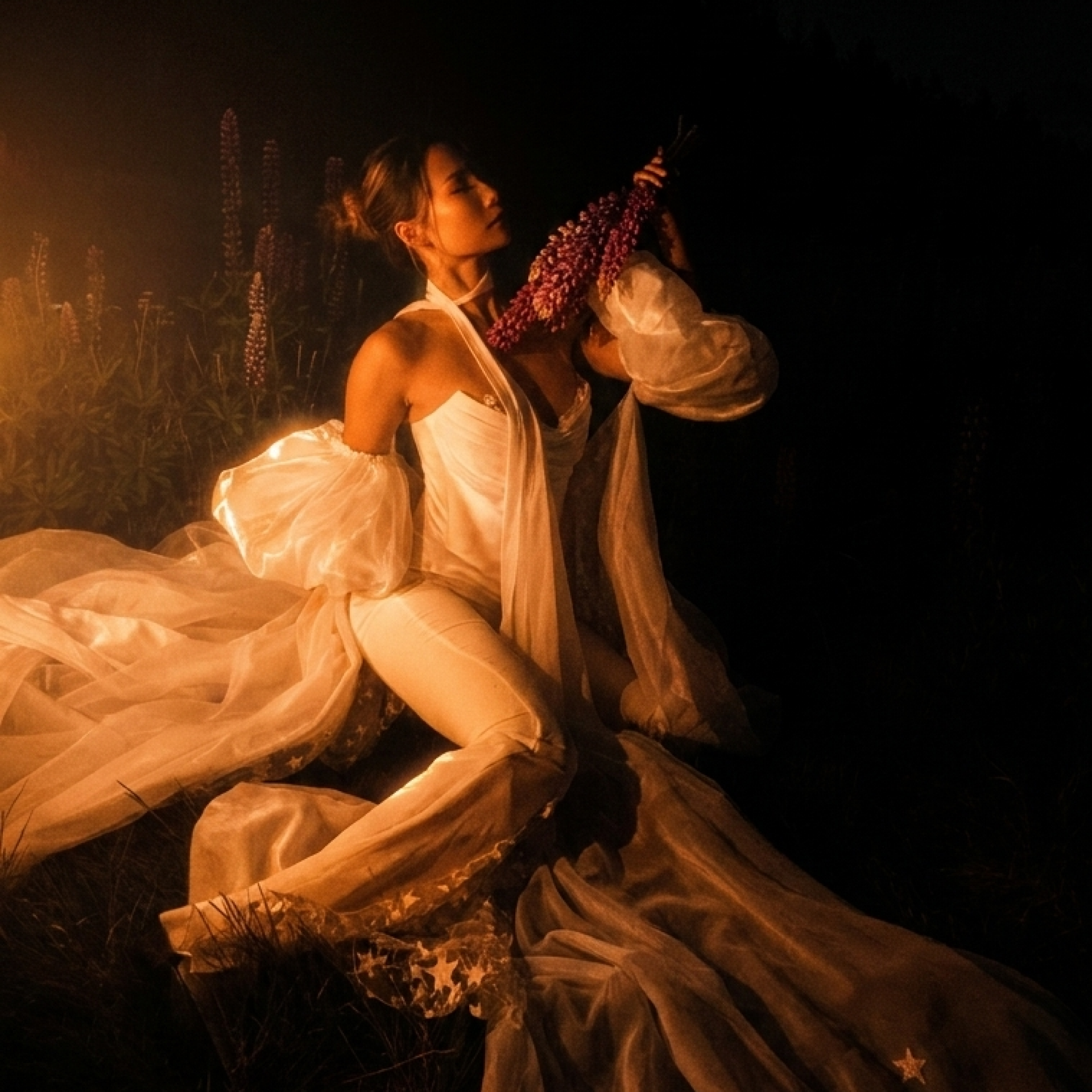 A bride kneels holding lupines in golden light